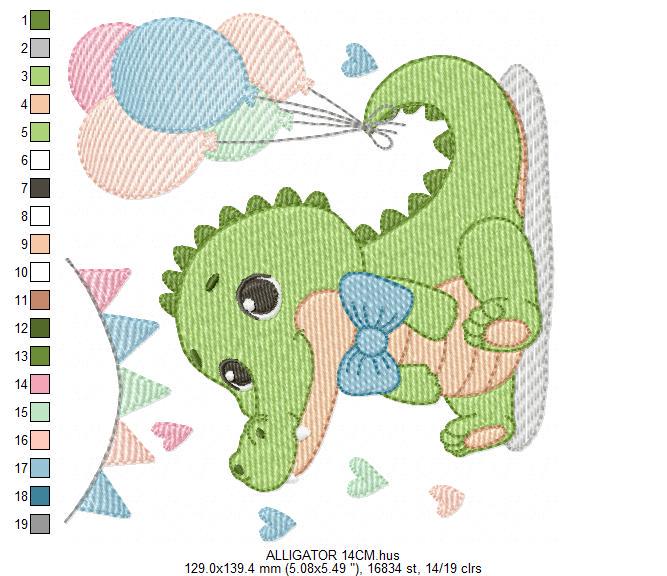 Crocodile with balloons embroidery design - Alligator party balloons machine embroidery pattern - Animal with bow tie - Instant download jef