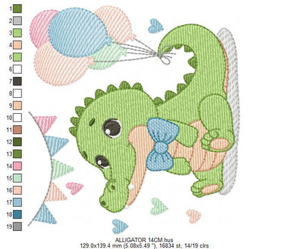 Crocodile with balloons embroidery design - Alligator party balloons machine embroidery pattern - Animal with bow tie - Instant download jef