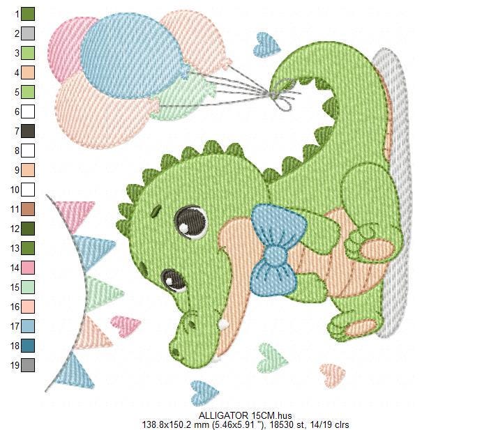 Crocodile with balloons embroidery design - Alligator party balloons machine embroidery pattern - Animal with bow tie - Instant download jef