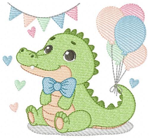 Crocodile with balloons embroidery design - Alligator party balloons machine embroidery pattern - Animal with bow tie - Instant download jef