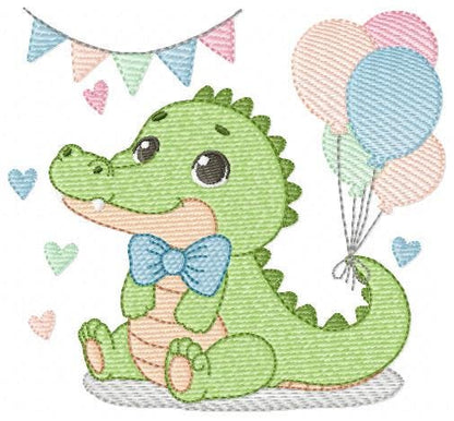 Crocodile with balloons embroidery design - Alligator party balloons machine embroidery pattern - Animal with bow tie - Instant download jef