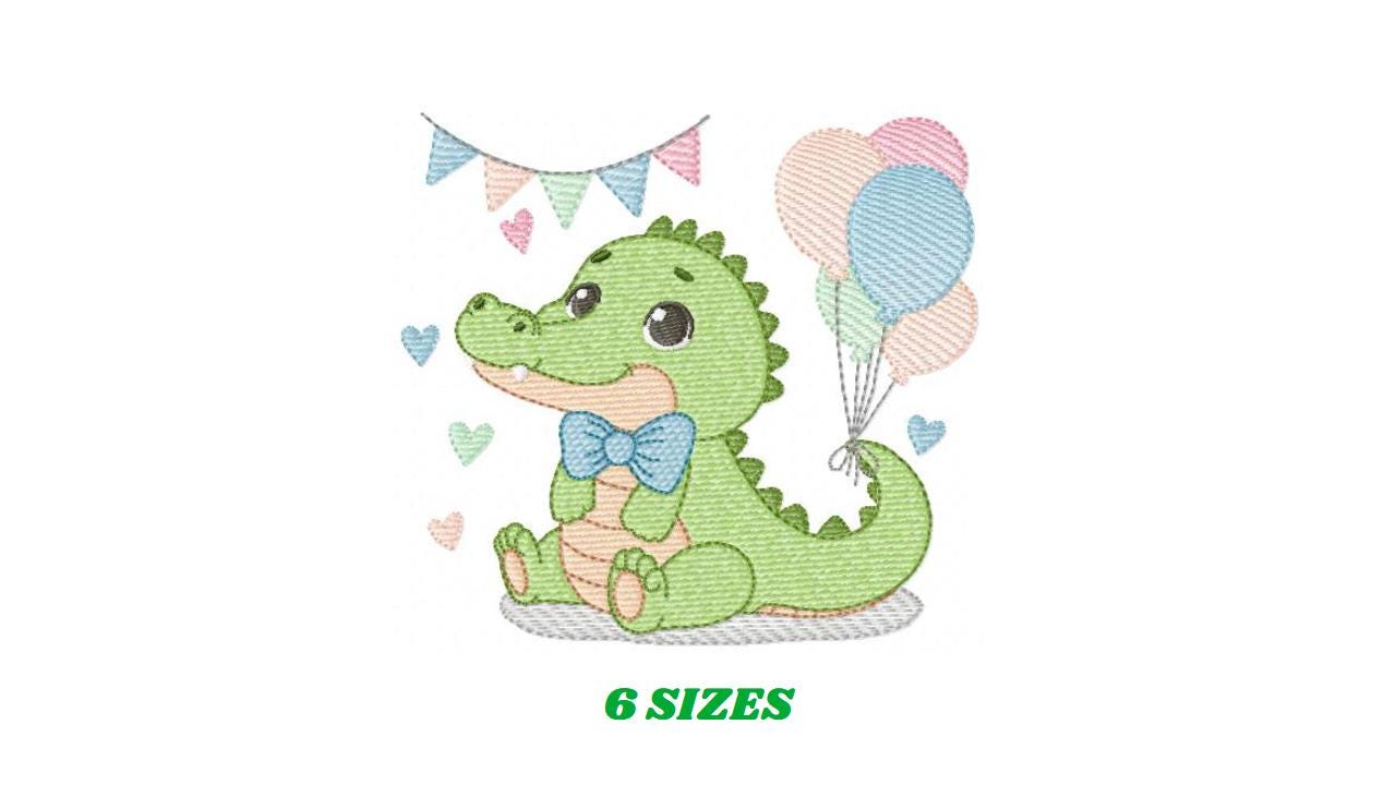 Crocodile with balloons embroidery design - Alligator party balloons machine embroidery pattern - Animal with bow tie - Instant download jef