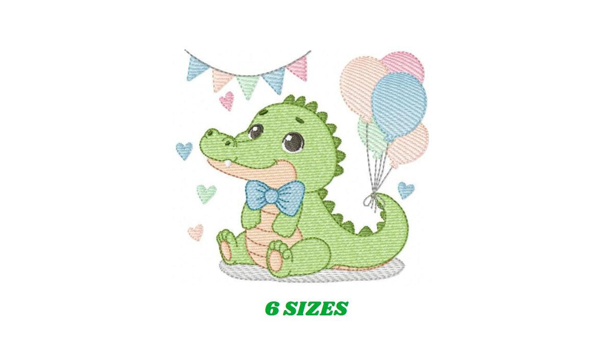 Crocodile embroidery design - Alligator with party balloons machine embroidery pattern - Animal with bow tie - Instant download jef