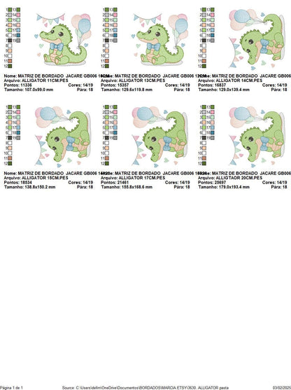 Crocodile with balloons embroidery design - Alligator party balloons machine embroidery pattern - Animal with bow tie - Instant download jef