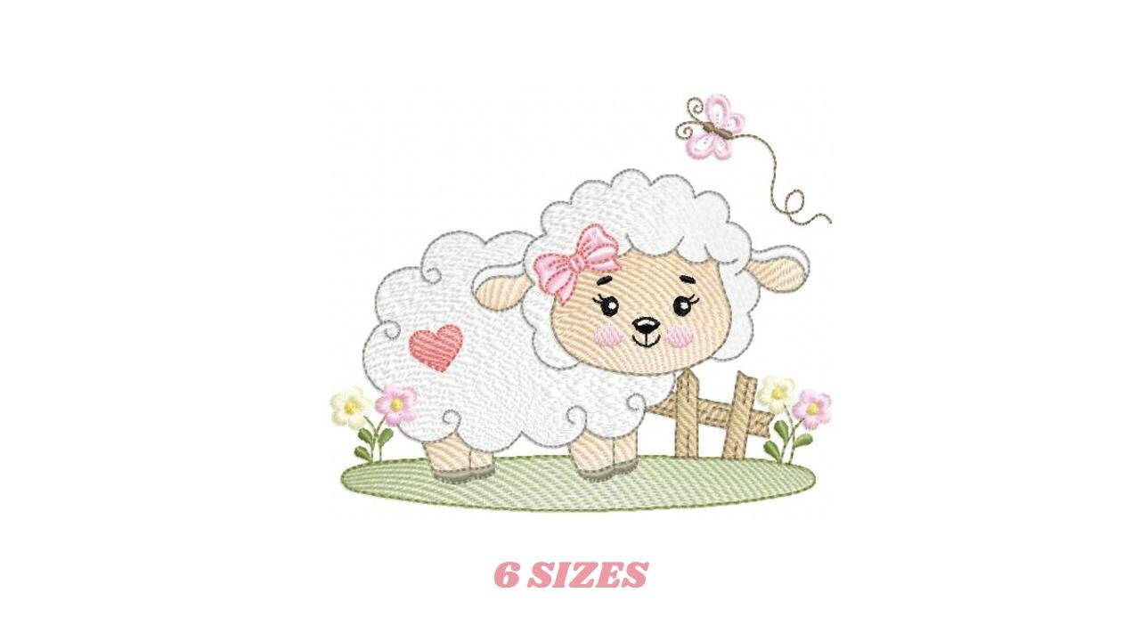 Female Sheep with bow embroidery design - Lamb with butterfly machine embroidery pattern - Newborn baby girl file - Instant download pes jef