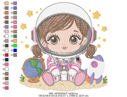 Baby Girl Astronaut embroidery designs - Space Rocket machine embroidery pattern - Rocket Planets file - instant download pes jef dst hus