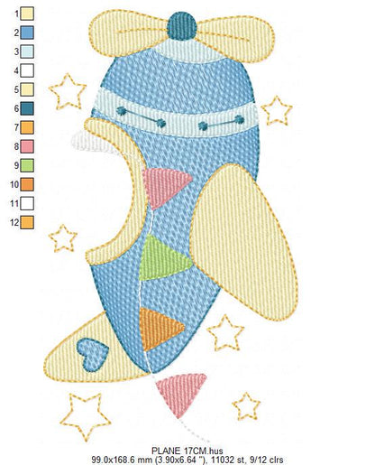 Plane with stars embroidery designs - Colorful Airplane machine embroidery pattern - Vehicle baby boy file - Instant digital download pes