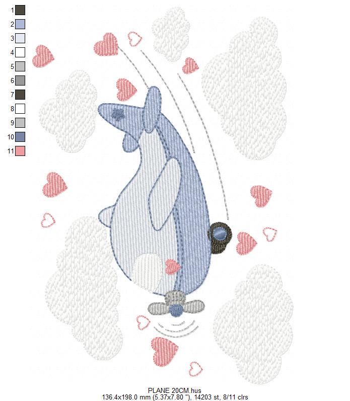 Plane embroidery designs - Airplane with clouds and hearts machine embroidery pattern - Baby boy Vehicle file - Instant download pes jef dst