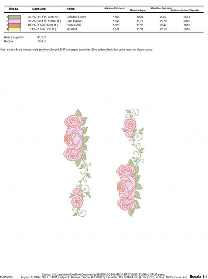 Roses split embroidery designs - Flower Kitchen Towel divider machine embroidery pattern - Entwined roses file - Instant download pes jef