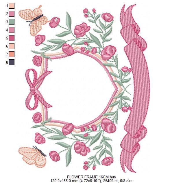 Frame with flowers and butterflies embroidery designs - Floral Laurel Shield machine embroidery pattern - Baby girl file - Instant download