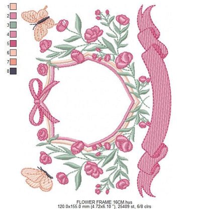 Frame with flowers and butterflies embroidery designs - Floral Laurel Shield machine embroidery pattern - Baby girl file - Instant download