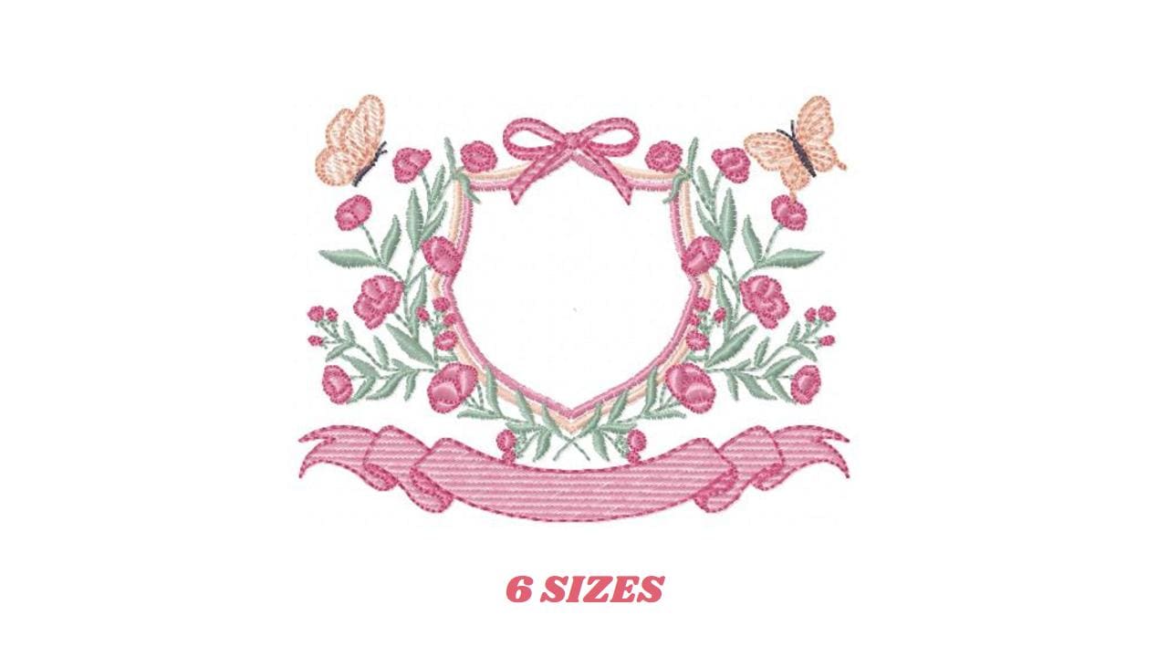 Frame with flowers and butterflies embroidery designs - Floral Laurel Shield machine embroidery pattern - Baby girl file - Instant download