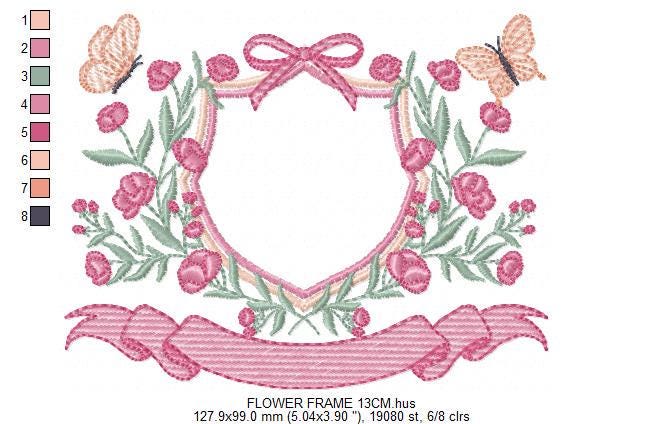Frame with flowers and butterflies embroidery designs - Floral Laurel Shield machine embroidery pattern - Baby girl file - Instant download