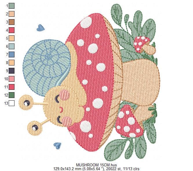 Snail and Mushroom embroidery designs - Toad machine embroidery pattern - Fantasy Magical Garden Forest file - Instant download pes jef dst