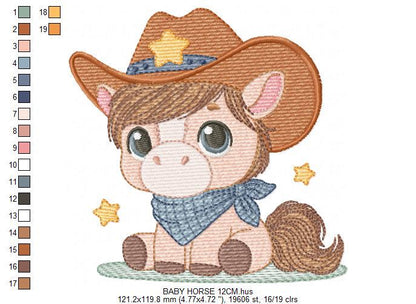 Cowboy Horse embroidery design - Farm animal machine embroidery pattern - Horse with bandana hat and sherriff star file - Instant download