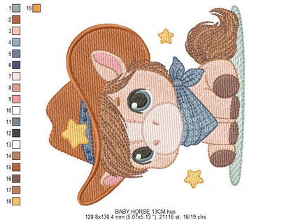 Cowboy Horse embroidery design - Farm animal machine embroidery pattern - Horse with bandana hat and sherriff star file - Instant download