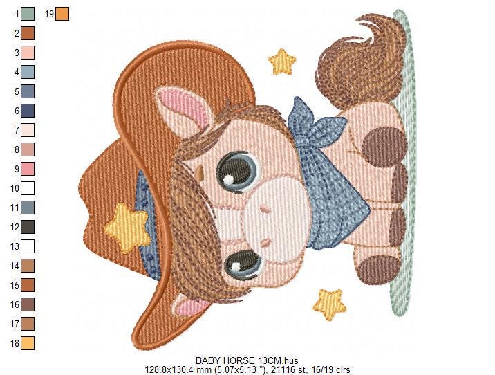 Cowboy Horse embroidery design - Farm animal machine embroidery pattern - Horse with bandana hat and sherriff star file - Instant download