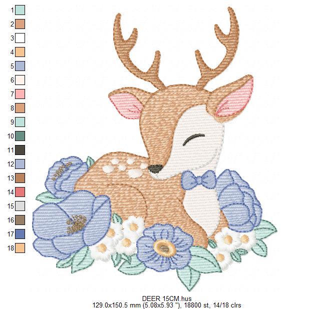Deer with flowers embroidery design - Sleeping Stag Animal machine embroidery pattern - Baby Boy Fawn file - Instant download pes jef dst
