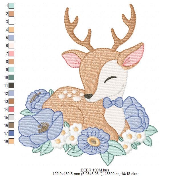 Deer with flowers embroidery design - Sleeping Stag Animal machine embroidery pattern - Baby Boy Fawn file - Instant download pes jef dst