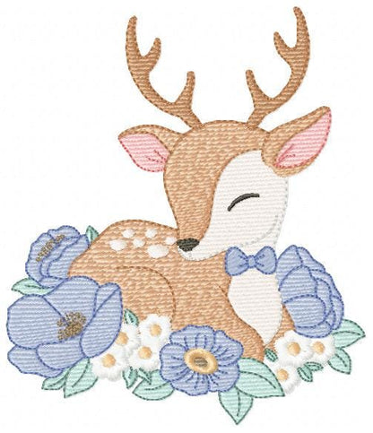 Deer with flowers embroidery design - Sleeping Stag Animal machine embroidery pattern - Baby Boy Fawn file - Instant download pes jef dst