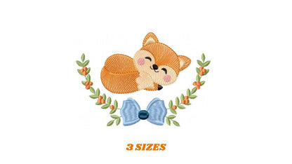 Sleeping Fox embroidery designs - Red Fox with laurel frame machine embroidery pattern - Baby Boy Woodland Animal file - Instant download