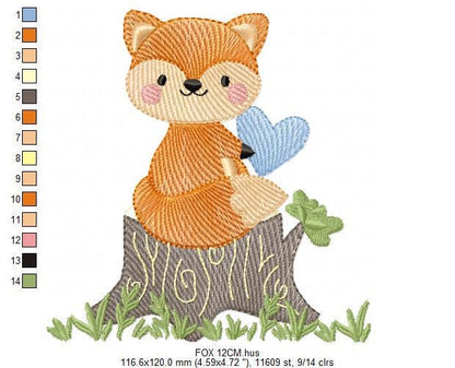 Fox embroidery designs - Red Fox with blue heart machine embroidery pattern - Baby Boy Woodland Animal file - Instant download pes jef dst