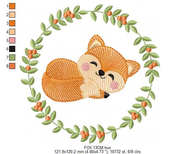 Fox with laurel frame embroidery designs - Sleeping Red Fox machine embroidery pattern - Woodland Animal file - Baby boy - Instant download