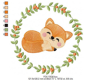 Fox with laurel frame embroidery designs - Sleeping Red Fox machine embroidery pattern - Woodland Animal file - Baby boy - Instant download
