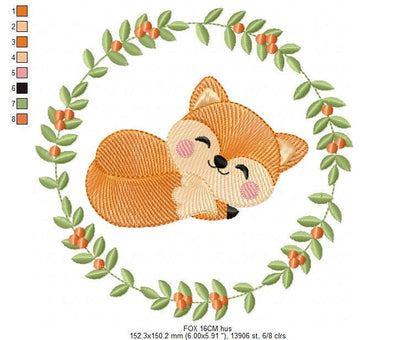 Fox with laurel frame embroidery designs - Sleeping Red Fox machine embroidery pattern - Woodland Animal file - Baby boy - Instant download