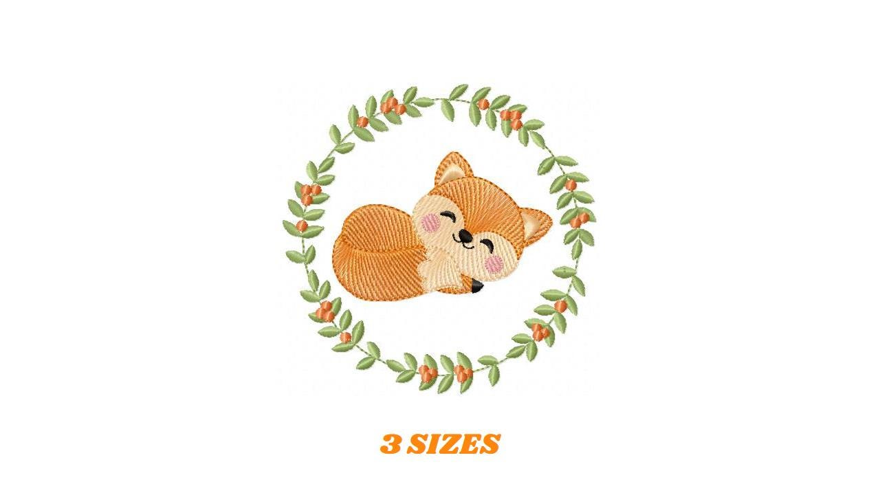 Fox with laurel frame embroidery designs - Sleeping Red Fox machine embroidery pattern - Woodland Animal file - Baby boy - Instant download