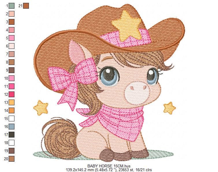 Cowgirl Horse embroidery design - Farm animal machine embroidery pattern - Girl Horse with bandana hat and sherriff file - Instant download