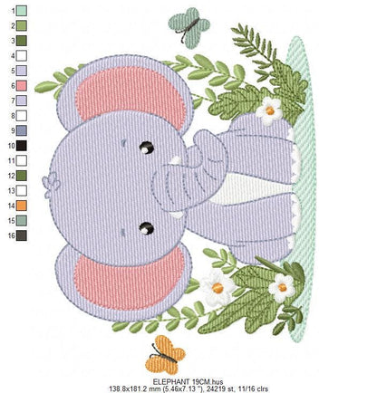 Elephant embroidery designs - Safari Wild Animal machine embroidery pattern - Baby Boy file - Flowers, plants, butterfly - Instant download