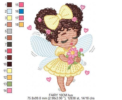 Fairy with wings embroidery designs - Angel with black curly hair machine embroidery pattern - Baby Girl Pixie - Instant download pes jef