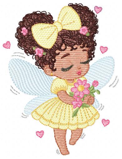 Fairy with wings embroidery designs - Angel with black curly hair machine embroidery pattern - Baby Girl Pixie - Instant download pes jef