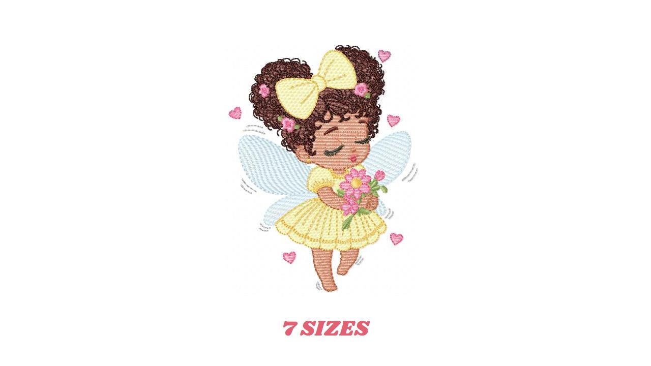 Fairy with wings embroidery designs - Angel with black curly hair machine embroidery pattern - Baby Girl Pixie - Instant download pes jef