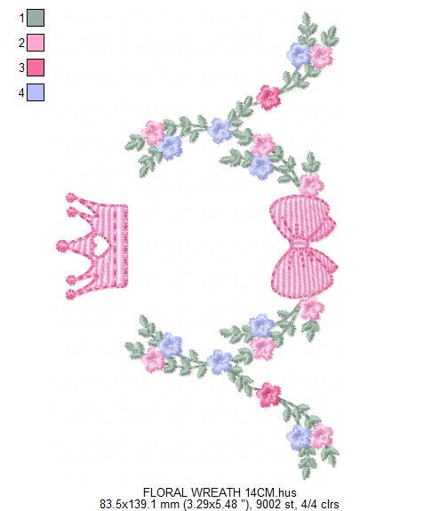 Roses laurel with Crown and bow embroidery designs - Flower Wreath with lace pattern - Newborn monogram file - Instant download pes jef dst