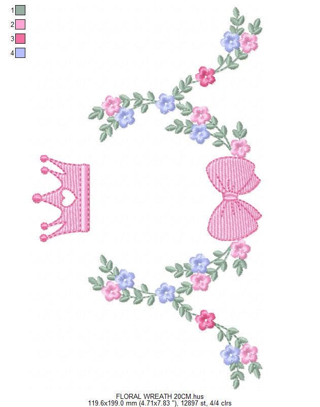 Roses laurel with Crown and bow embroidery designs - Flower Wreath with lace pattern - Newborn monogram file - Instant download pes jef dst