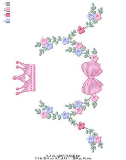 Roses laurel with Crown and bow embroidery designs - Flower Wreath with lace pattern - Newborn monogram file - Instant download pes jef dst