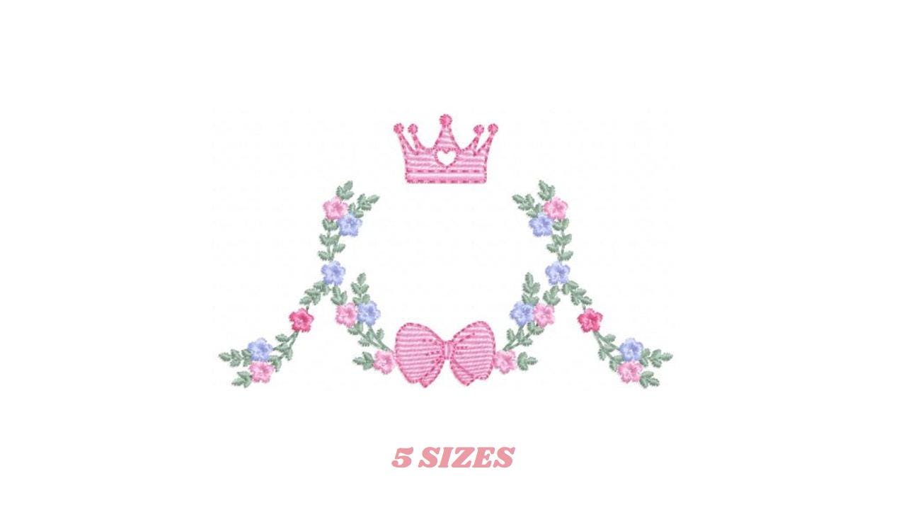 Roses laurel with Crown and bow embroidery designs - Flower Wreath with lace pattern - Newborn monogram file - Instant download pes jef dst