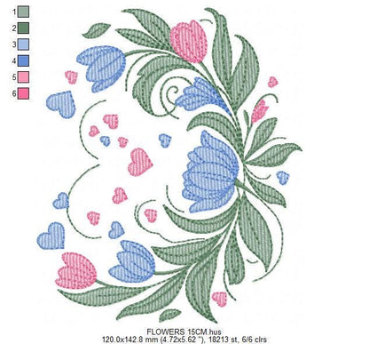 Flowers and hearts embroidery designs - Tulips Kitchen Towel machine embroidery pattern - Roses laurel Wreath - Instant download pes jef dst