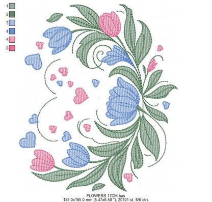 Flowers and hearts embroidery designs - Tulips Kitchen Towel machine embroidery pattern - Roses laurel Wreath - Instant download pes jef dst