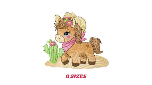 Horse embroidery design - Ranch Farm animal machine embroidery pattern - Cowgirl Horse with hat bandana flowers cactus - Instant download