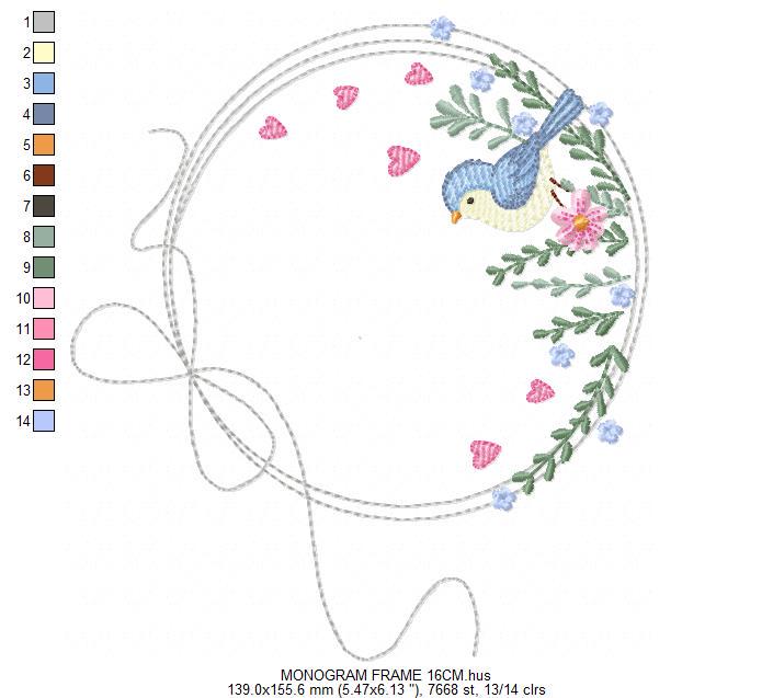 Bird with flower frame embroidery designs - Birds frame with hearts embroidery pattern - Floral tag file - Instant download pes jef dst hus