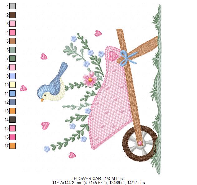 Flower cart with hearts embroidery designs - Bird with Flowercart machine embroidery pattern - Spring Garden file - Instant download pes jef