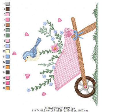 Flower cart with hearts embroidery designs - Bird with Flowercart machine embroidery pattern - Spring Garden file - Instant download pes jef