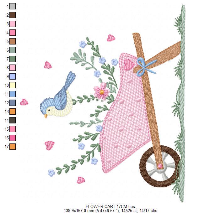 Flower cart with hearts embroidery designs - Bird with Flowercart machine embroidery pattern - Spring Garden file - Instant download pes jef