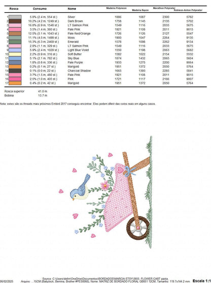 Flower cart with hearts embroidery designs - Bird with Flowercart machine embroidery pattern - Spring Garden file - Instant download pes jef