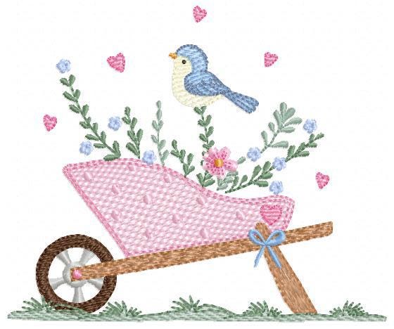 Flower cart with hearts embroidery designs - Bird with Flowercart machine embroidery pattern - Spring Garden file - Instant download pes jef
