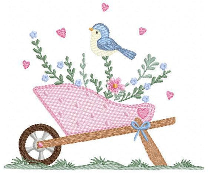 Flower cart with hearts embroidery designs - Bird with Flowercart machine embroidery pattern - Spring Garden file - Instant download pes jef