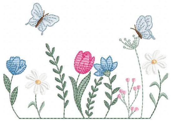 Flower garden embroidery design - Tulip flowers with butterflies machine embroidery pattern - Kitchen Tea towel divider - Instant download